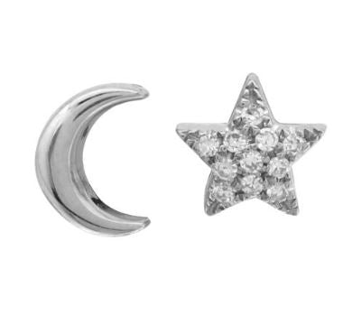 14k White Gold Moon & Star Stud Earrings