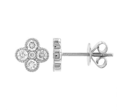 14k White Gold Diamond Clover Stud Earrings