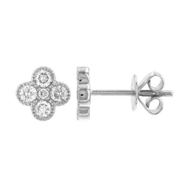 14k White Gold Diamond Clover Stud Earrings