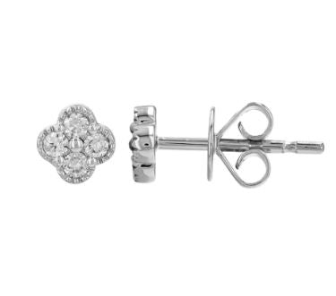 14k White Gold Diamond Clover Stud Earrings