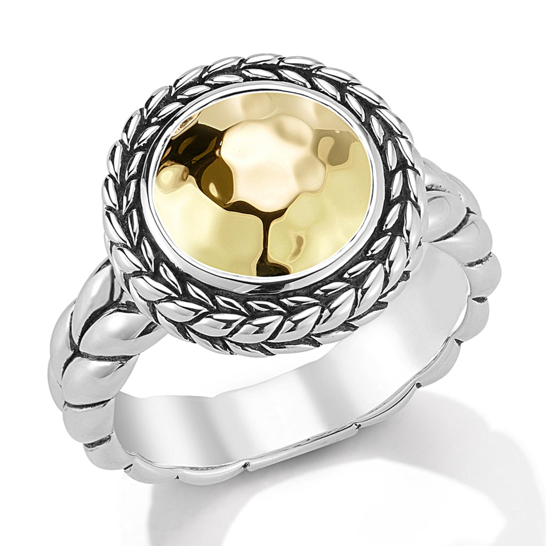 JAI Sterling Silver & 14K Gold Hammered Disk Ring with Basketweave