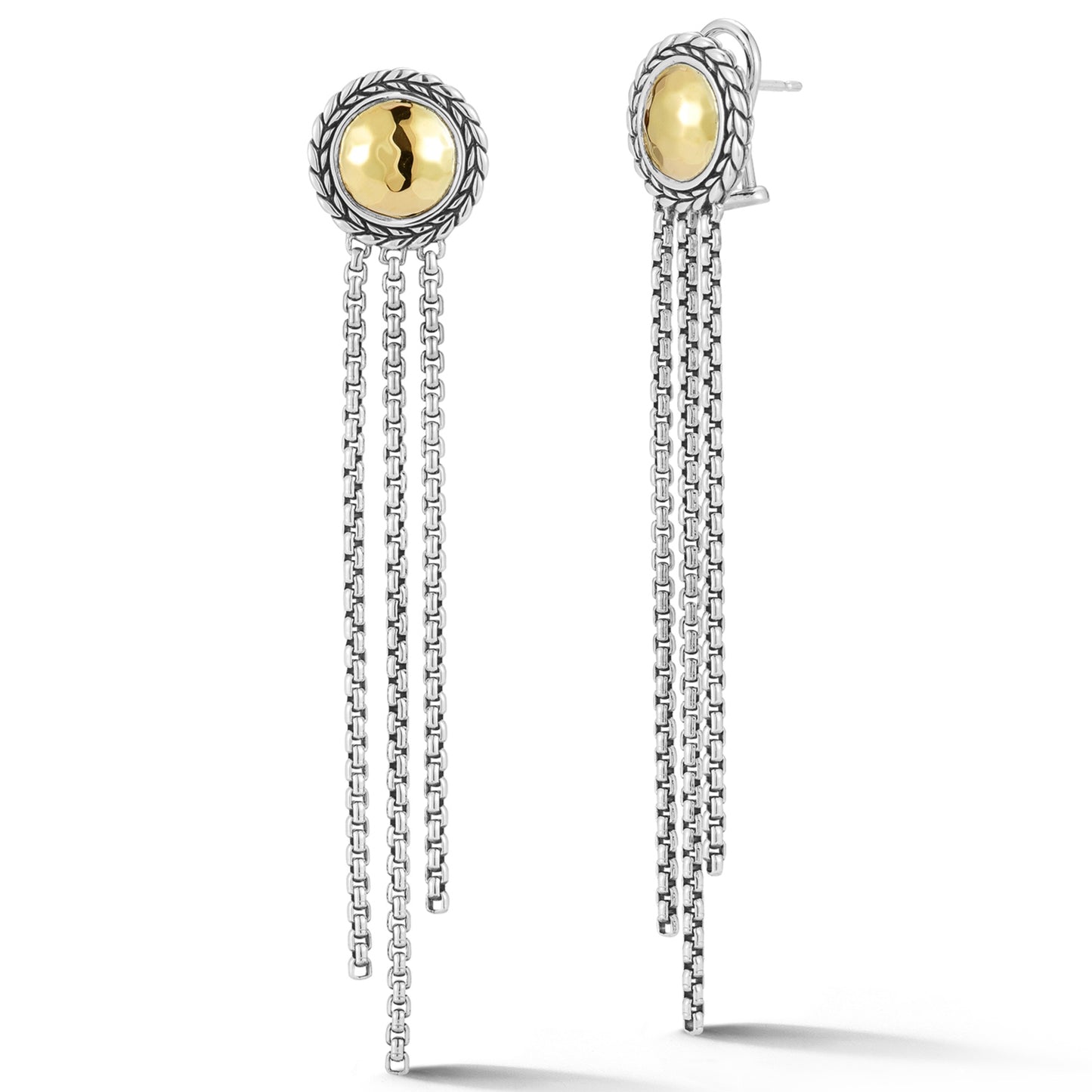 JAI Sterling Silver & 14K Gold Hammered Dangle Earrings with 2mm Box Chain Fringe