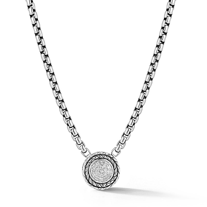 JAI Sterling Silver Diamond Hammered Disk Box Chain Necklace