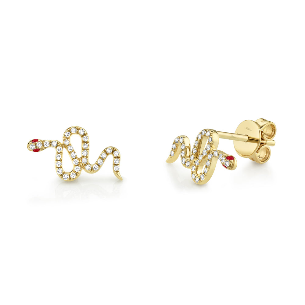 0.13CT DIAMOND & 0.03CT RUBY 14K Y/G SNAKE STUD EARRING