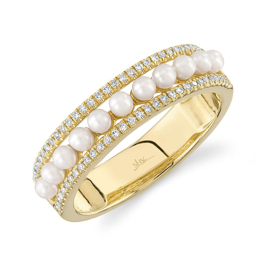 14K Yellow Gold Diamond and Cultured Pearl Band
