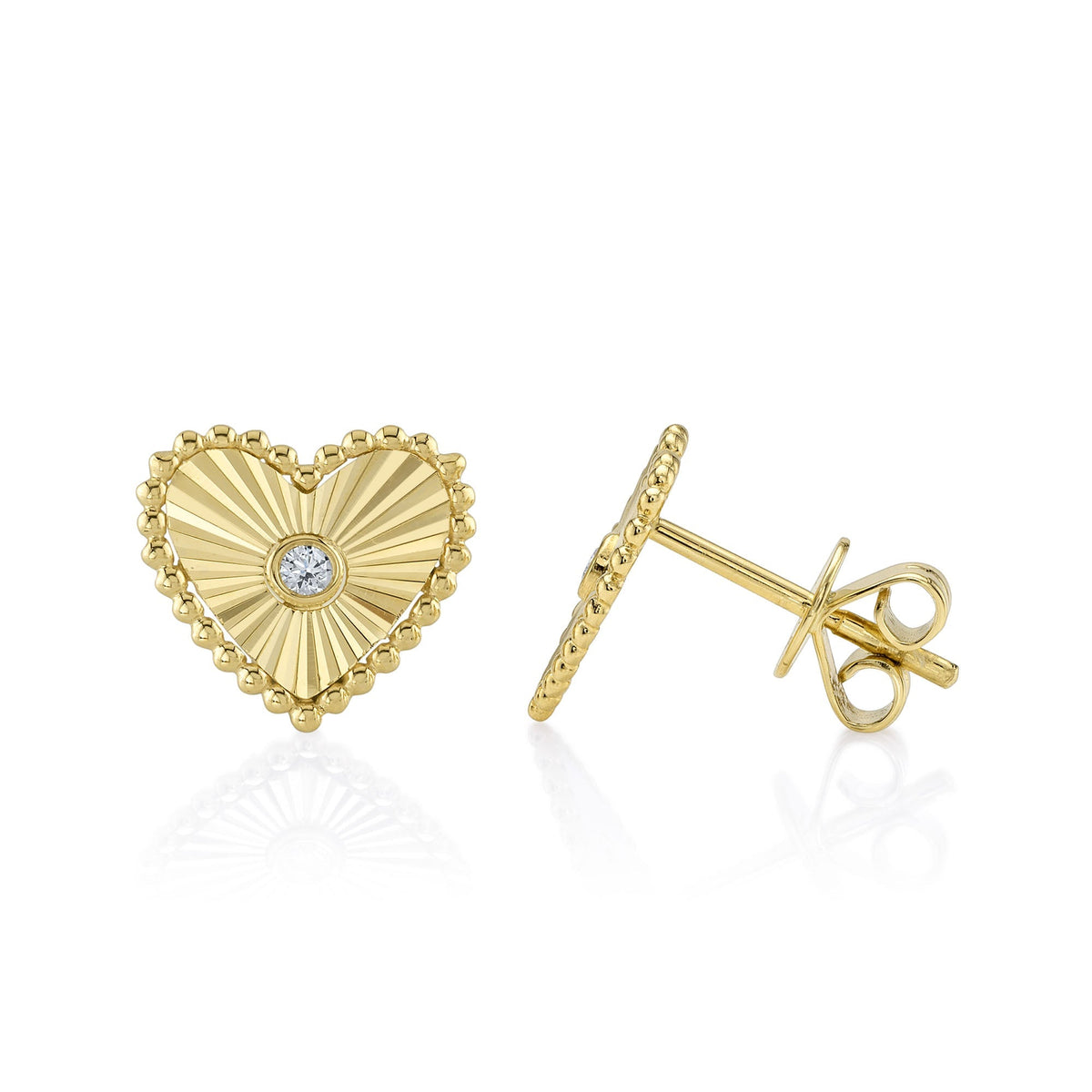 0.04CT 14K Y/G DIAMOND BEZEL RIBBED HEART STUD EARRING