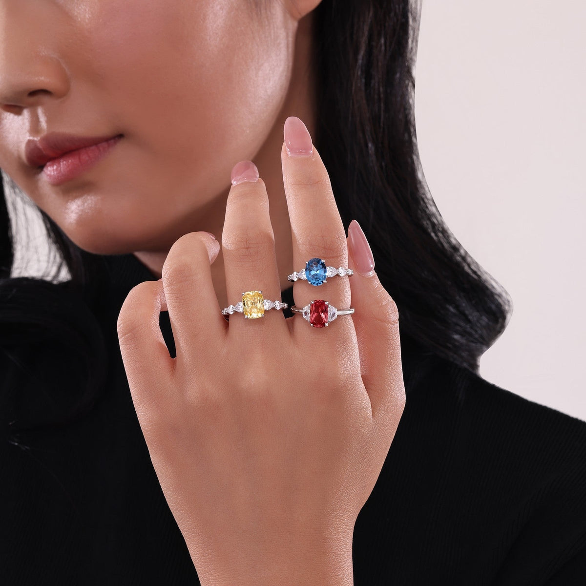 Fancy Peach Fuzz Lab-Grown Sapphire Three-Stone Ring