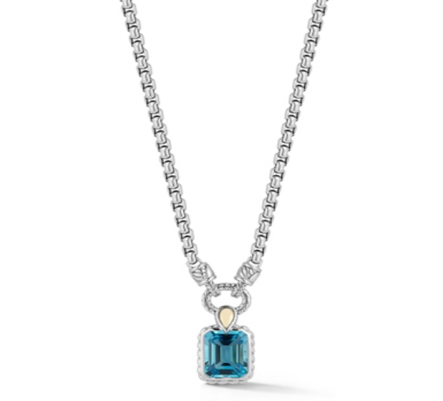 JAI Sterling Silver & 14K Emerald Cut Gemstone Necklace - Swiss Blue Topaz