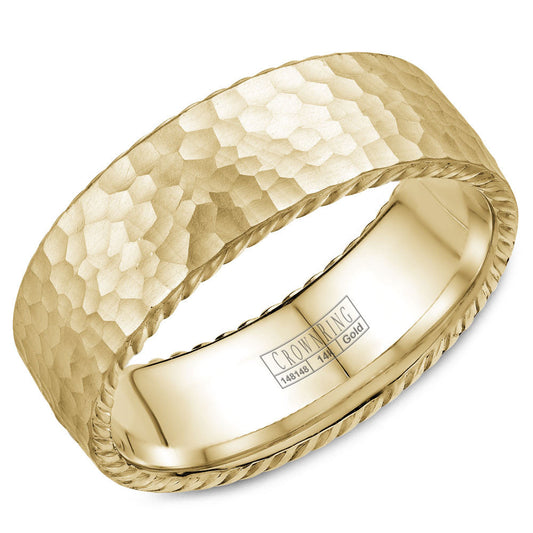 CrownRing 8MM Yellow Gold Wedding Band with Hammered Finish & Rope Detailing WB-004R8Y