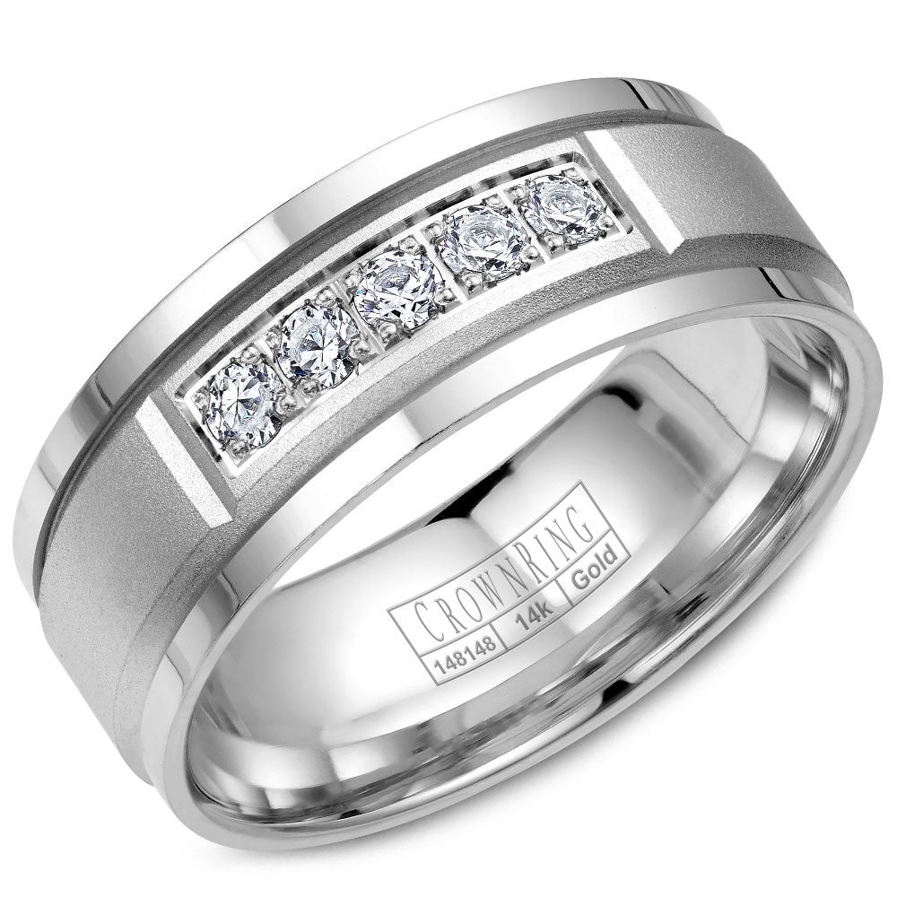 CrownRing 8MM 5 Round Diamond Wedding Band with Sandpaper Center & Line Detailing WB-8038