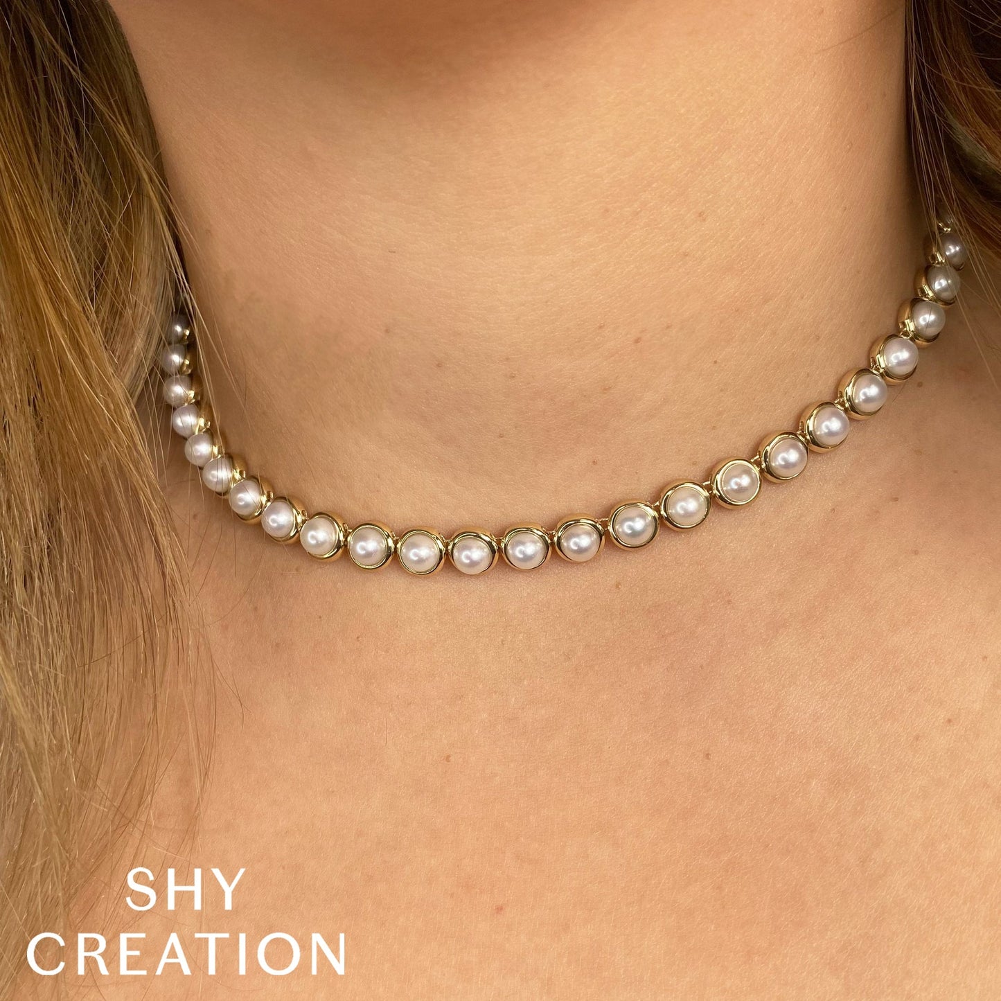 14K Y/G CULTURED PEARL BEZEL TENNIS NECKLACE