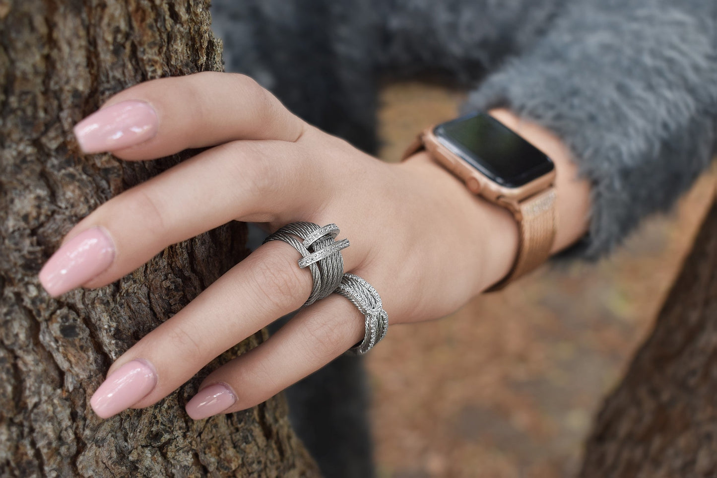 Grey Cable Double Arch Over Twist Ring with 18K Gold & Diamonds