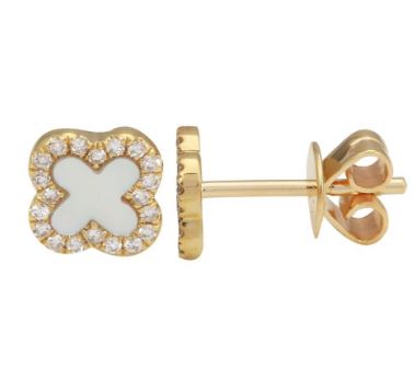 14k Yellow Gold Mop Clover Diamond Stud Earrings