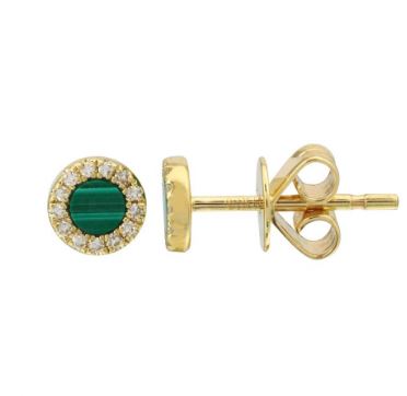 14k Yellow Gold Circle Malachite Stud Earrings