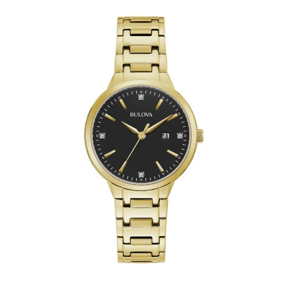 Bulova Women's Classic Gold Tone Stainless Steel Black Diamond Accent Watch