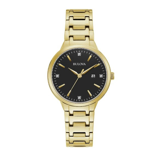 Bulova Women's Classic Gold Tone Stainless Steel Black Diamond Accent Watch