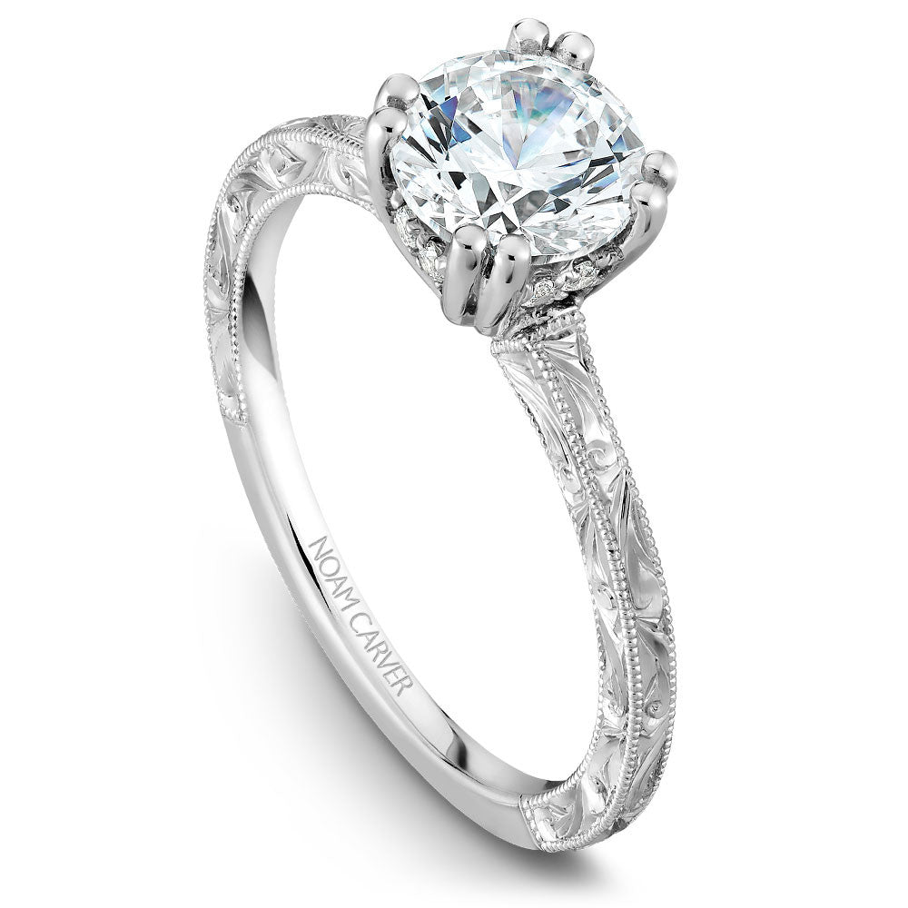 Noam Carver Hand Engraved Solitaire Engagament Ring with Diamond Peek-A-Boo Halo B004-02EA