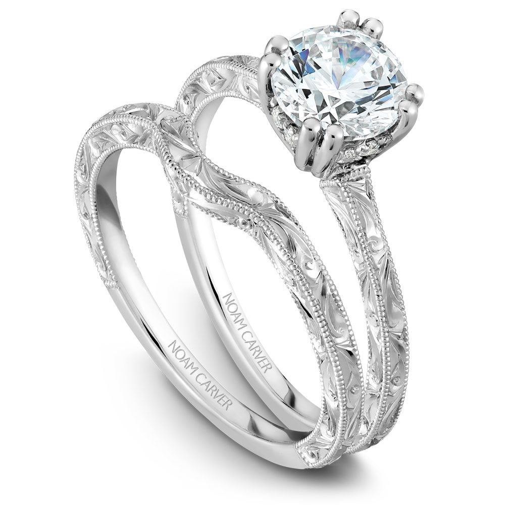 Noam Carver Hand Engraved Solitaire Engagament Ring with Diamond Peek-A-Boo Halo B004-02EA