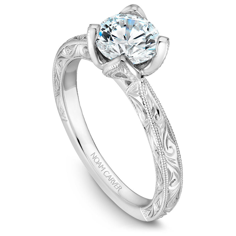 Noam Carver Hand Engraved Solitaire Floral Setting Engagement Ring