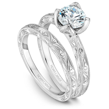 Noam Carver Hand Engraved Solitaire Floral Setting Engagement Ring B019-02EA