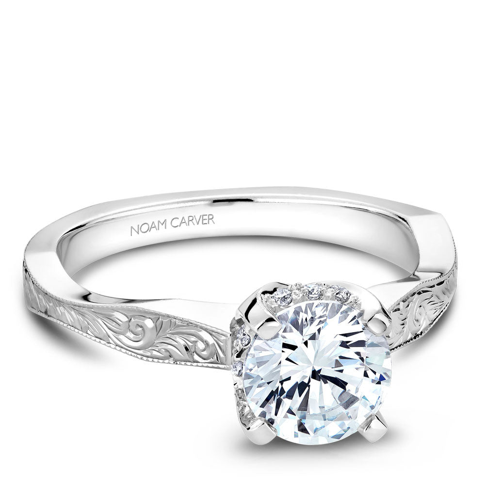 Noam Carver Hand Engraved Solitaire with Diamond Detail Setting Engagement Ring B020-04EA