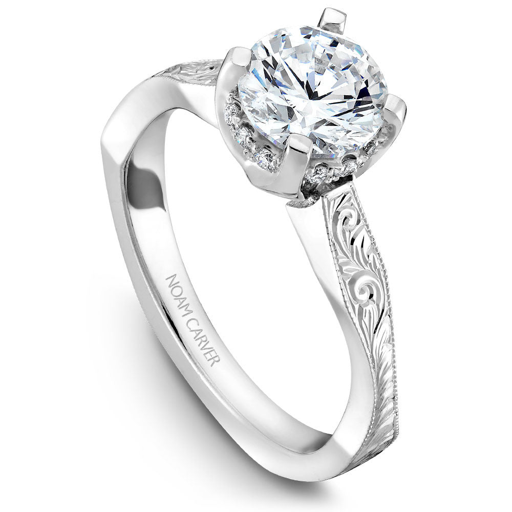 Noam Carver Hand Engraved Solitaire with Diamond Detail Setting Engagement Ring B020-04EA