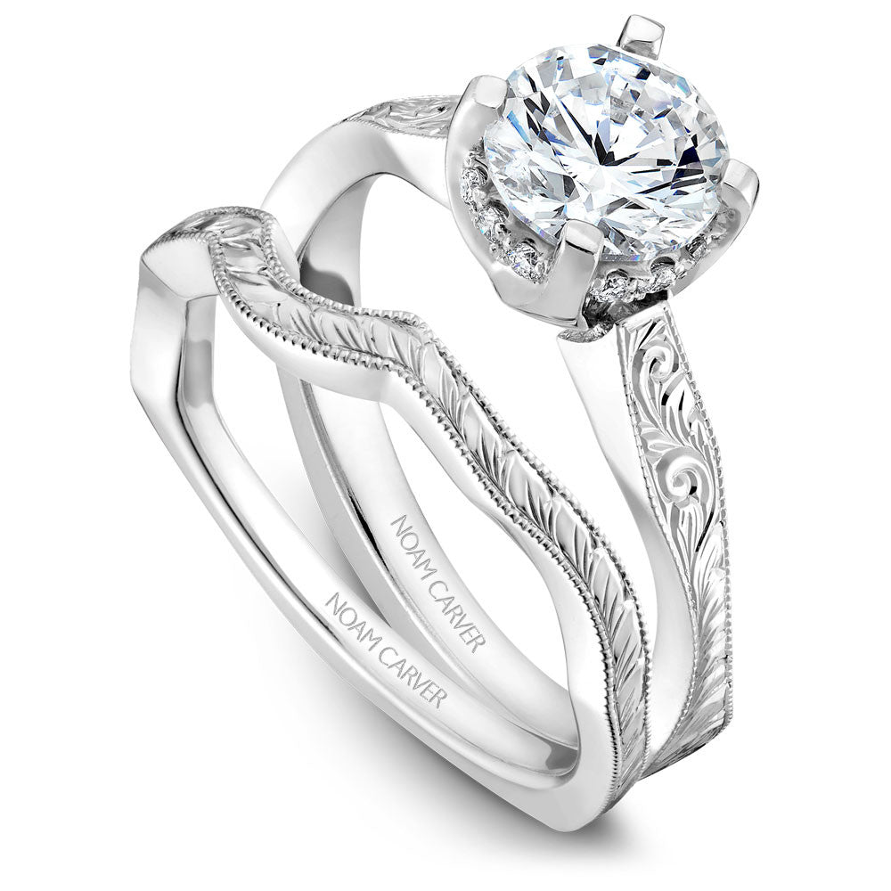 Noam Carver Hand Engraved Solitaire with Diamond Detail Setting Engagement Ring B020-04EA