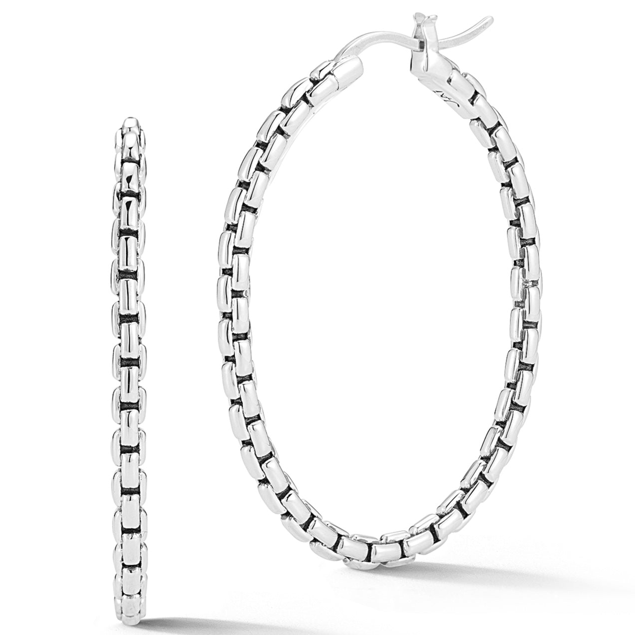 JAI Sterling Silver Box Chain Pattern 1.5" Oval Hoop Earrings