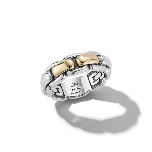 JAI Men's Sterling Silver and Gold Box Chain 8mm Band Ring