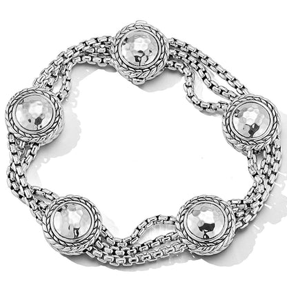 JAI Sterling Silver Multi Hammered Station Box Chain Bracelet - Silver