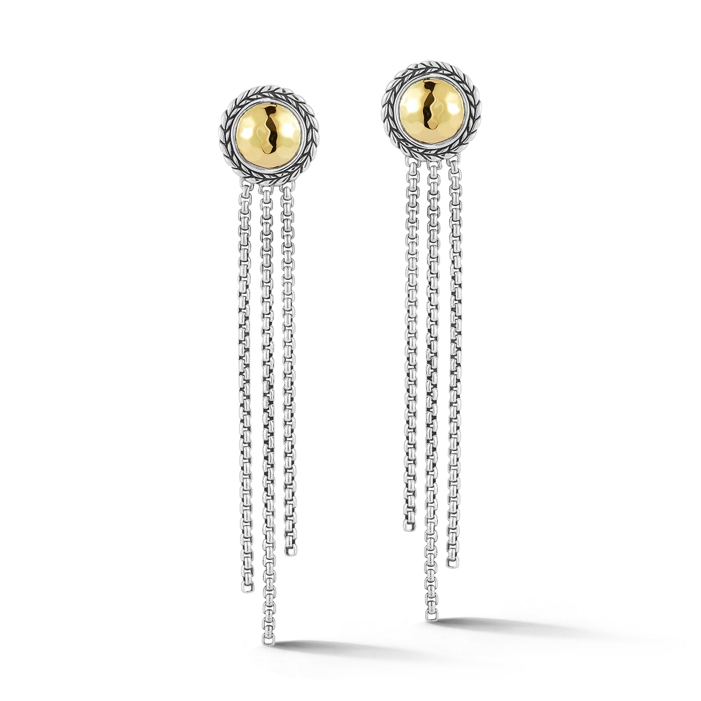 JAI Sterling Silver & 14K Gold Hammered Dangle Earrings with 2mm Box Chain Fringe