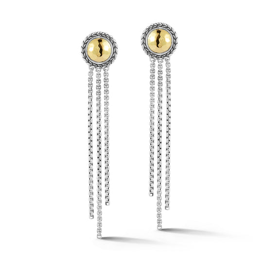 JAI Sterling Silver & 14K Gold Hammered Dangle Earrings with 2mm Box Chain Fringe