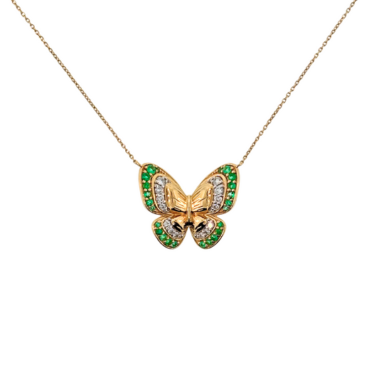14K Yellow Gold Lab Grown Diamond and Emerald Butterfly Necklace
