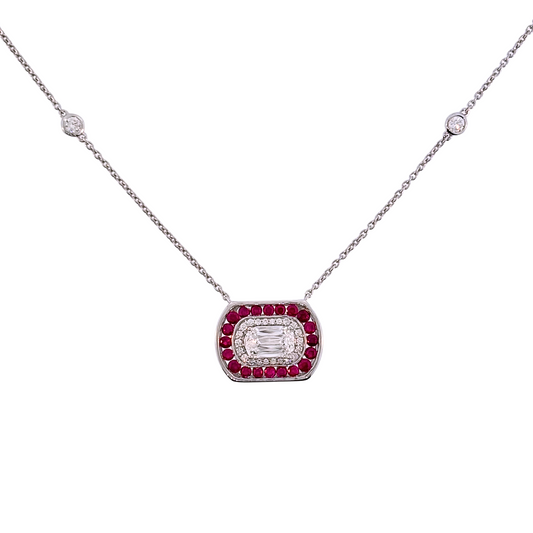 14K White Gold Lab Grown Diamond and Ruby Halo Necklace