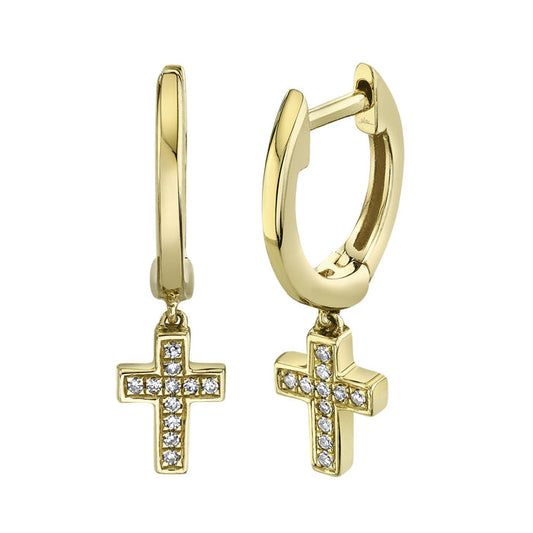 14K Yellow Gold Diamond Cross Huggie Earrings