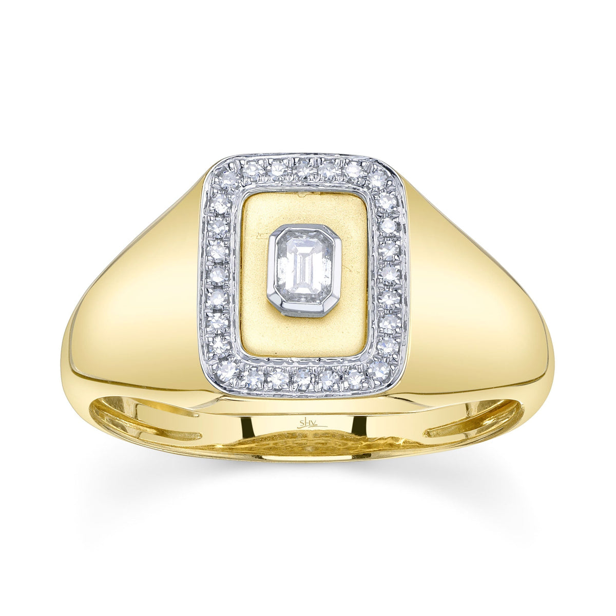 0.17CT 14K Y/G DIAMOND EMERALD BEZEL MATTE SIGNET RING
