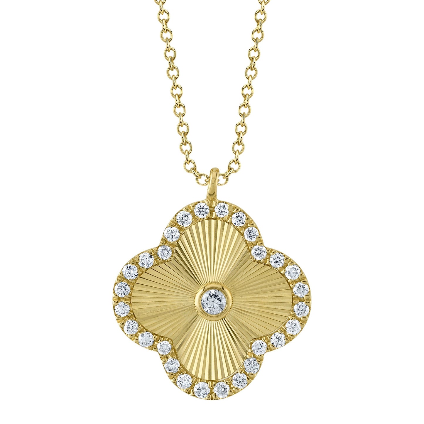 0.22CT 14K Y/G DIAMOND BEZEL RIBBED CLOVER NECKLACE