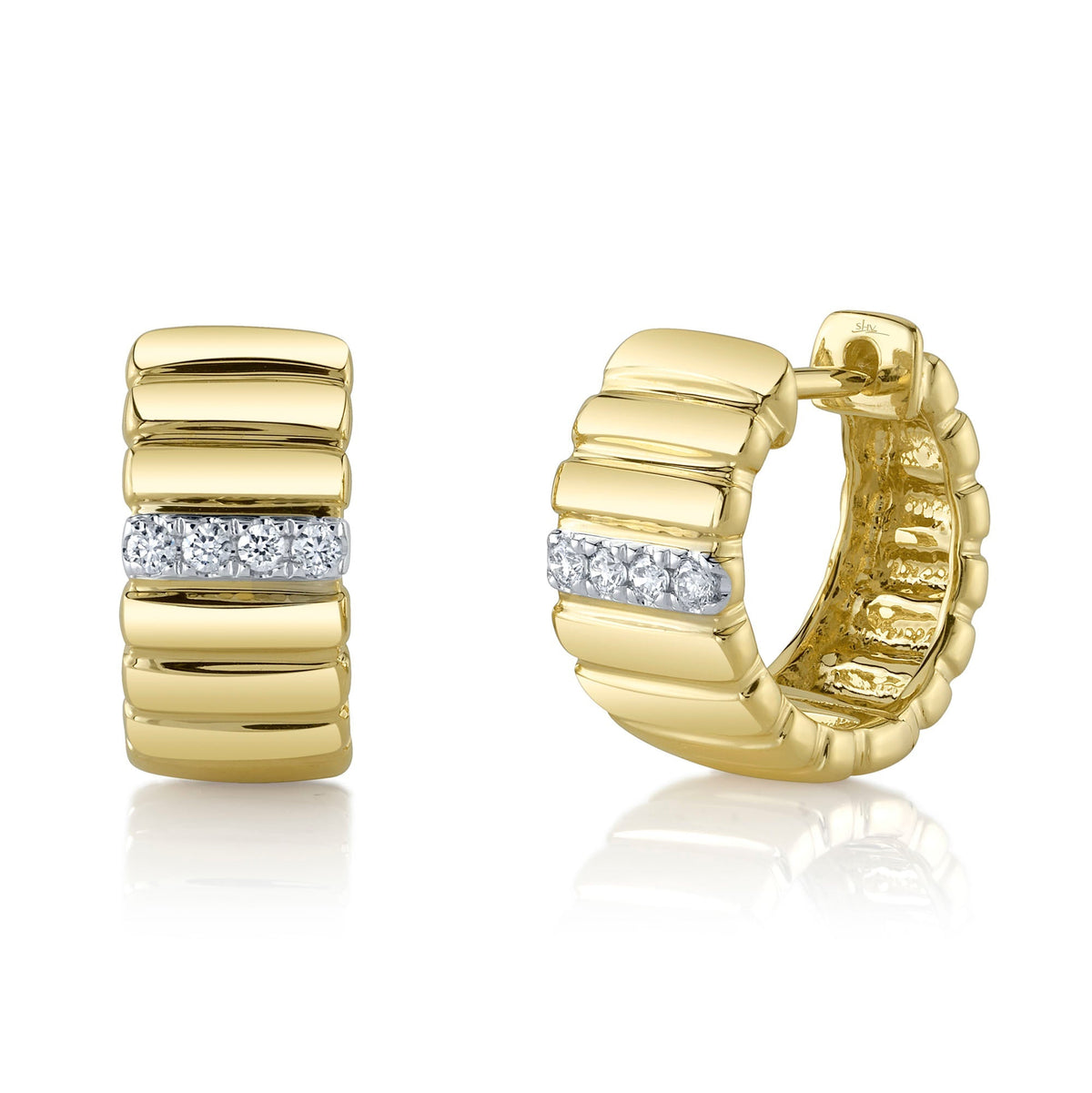 0.09CT 14K Y/G DIAMOND RIBBED HUGGIE EARRING