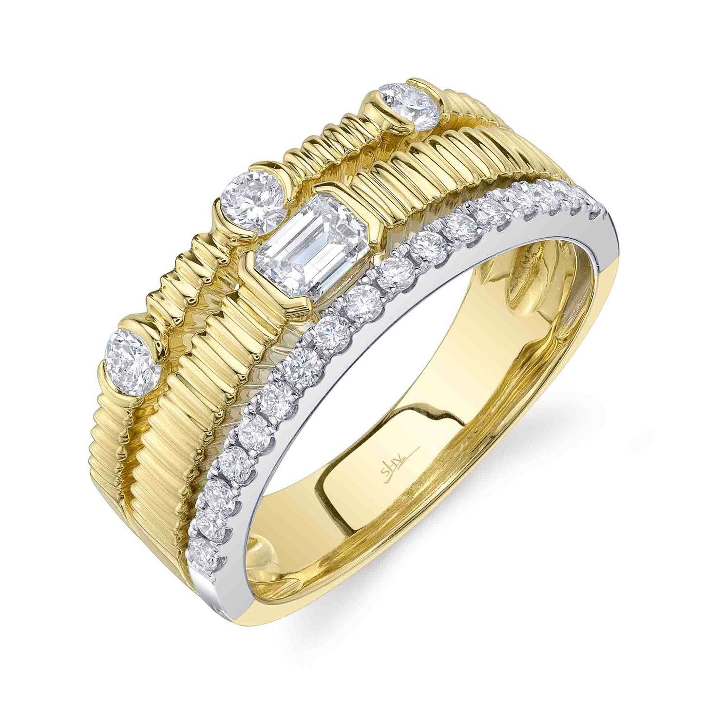 0.67CT 14K2T Y/W DIAMOND EMERALD RIBBED RING