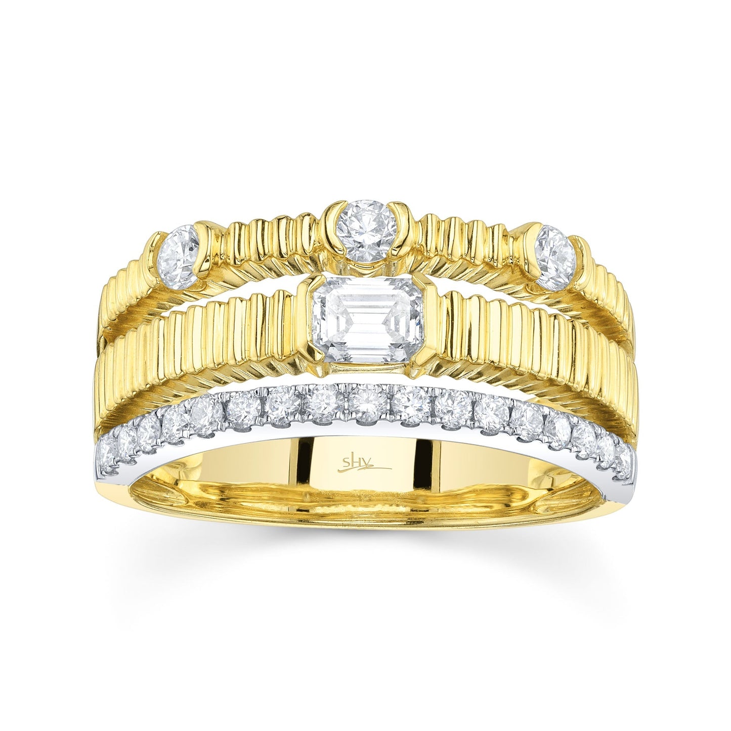 0.67CT 14K2T Y/W DIAMOND EMERALD RIBBED RING