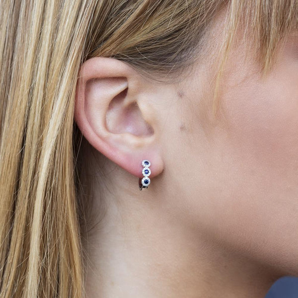 14K White Gold Diamond and Sapphire Huggie Earrings