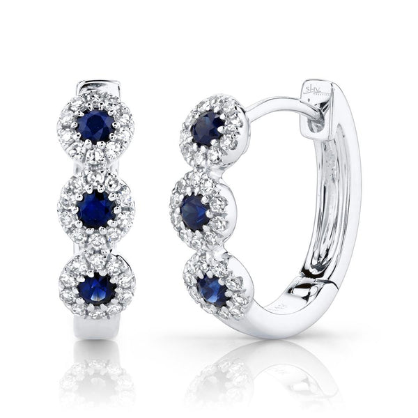 14K White Gold Diamond and Sapphire Huggie Earrings