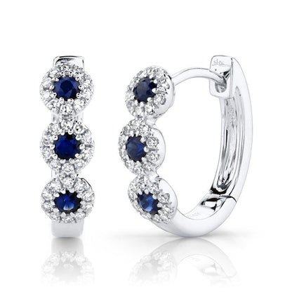 14K White Gold Diamond and Sapphire Huggie Earrings