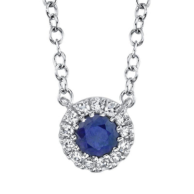 14K White Gold Diamond and Blue Sapphire Halo Necklace