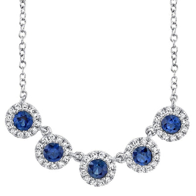 14K White Gold Diamond and Blue Sapphire Halo Necklace