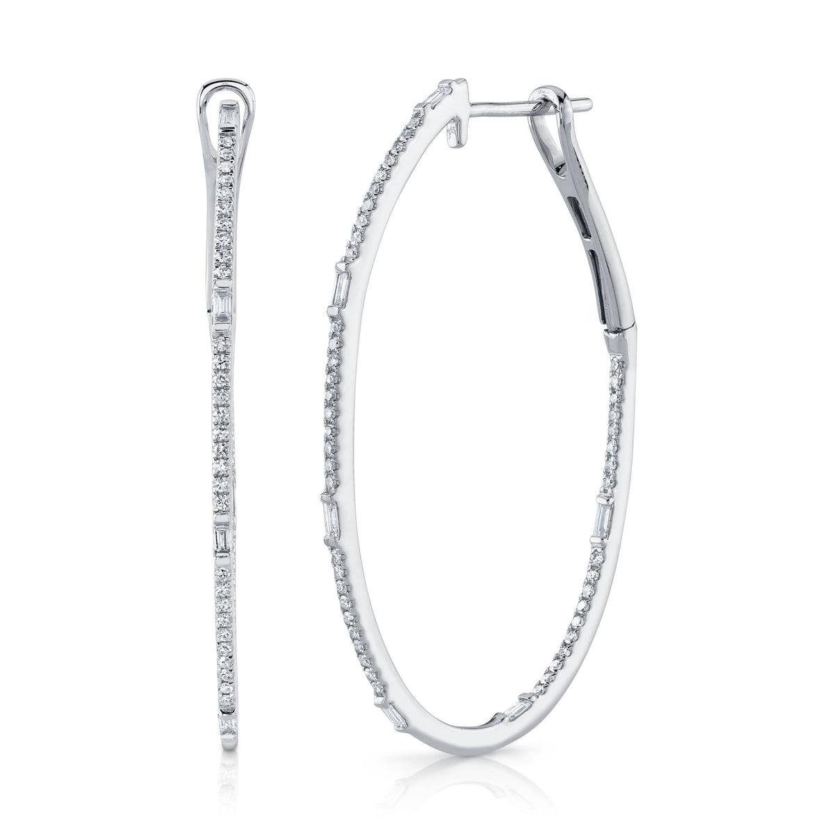 0.44CT 14K W/G DIAMOND BAGUETTE OVAL HOOP EARRING