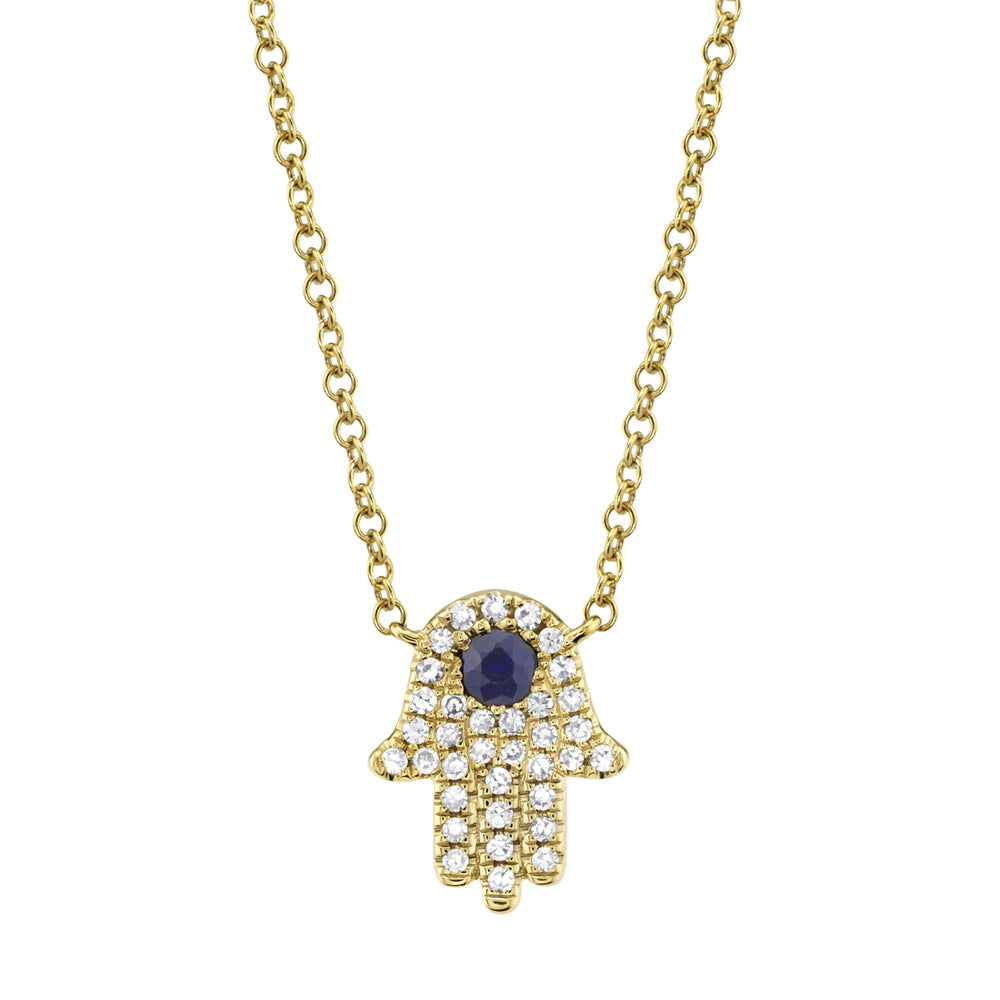 0.09CT DIAMOND & 0.08CT BLUE SAPPHIRE 14K Y/G HAMSA NECKLACE