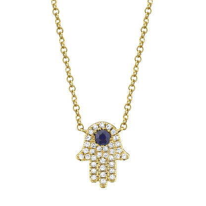 0.09CT DIAMOND & 0.08CT BLUE SAPPHIRE 14K Y/G HAMSA NECKLACE