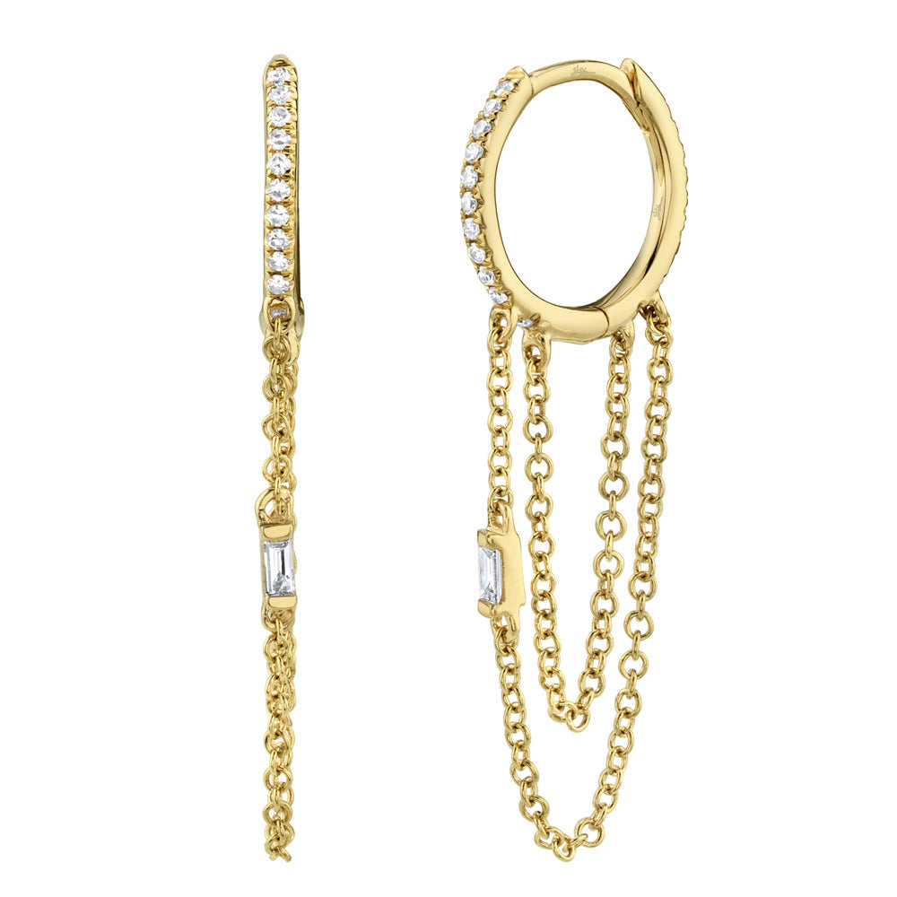 0.18CT 14K Y/G DIAMOND BAGUETTE HUGGIE CHAIN EARRING