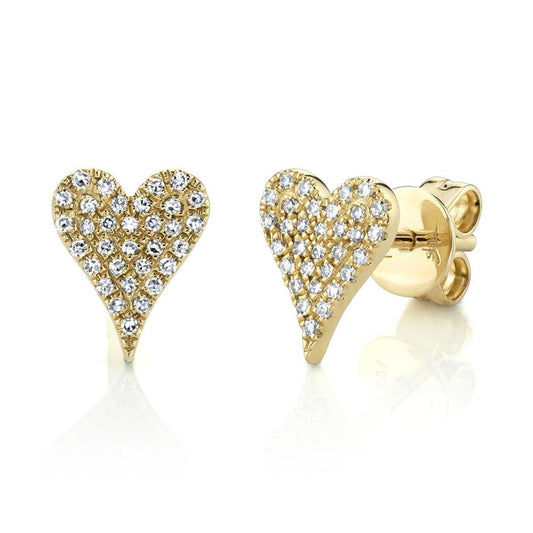 14K Yellow Gold Pave Diamond Heart Stud Earrings